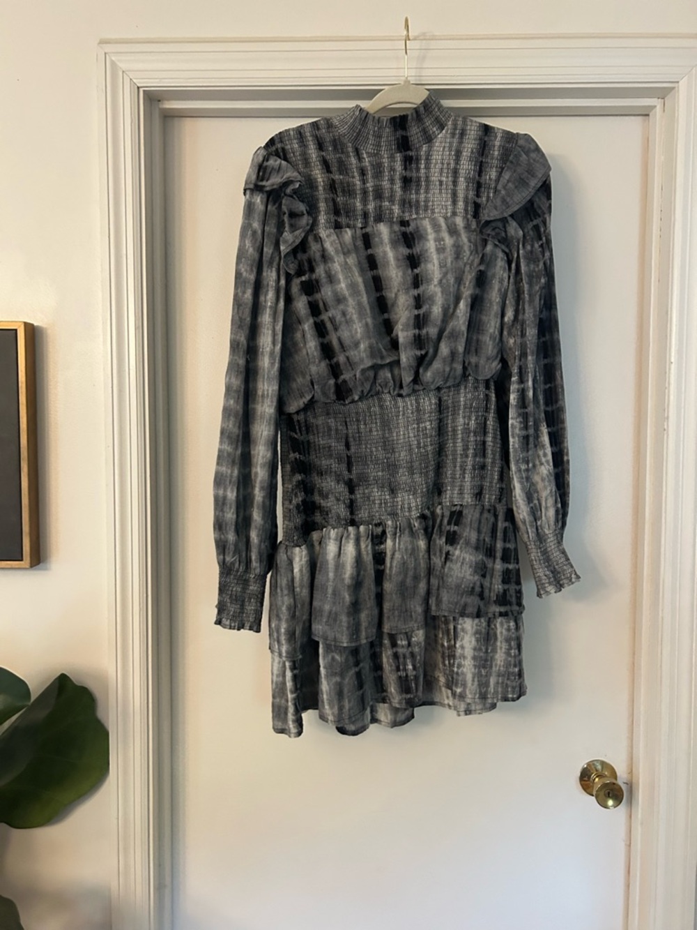 English Factory Black & Gray Tie-Dye Ruffle Long-Sleeve Dress